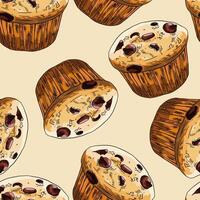 Chocolate Chip Muffin Sketch Hand Drawn Seamless Pattern vector