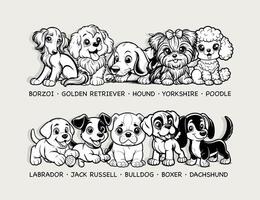 Assorted dog breeds, charming cartoon pets for pet lovers and breed enthusiasts, friendly diverse canine collection. Vector illustration.