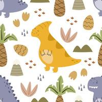 seamless pattern with cartoon dinosaurs, decor elements. Colorful vector flat style for kids. Animals. hand drawing. baby design for fabric, print, wrapper, textile