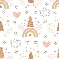 seamless pattern with cartoon unicorns, clouds, decor element. Magic. Colorful vector flat style for kids. Animals. hand drawing. baby design for fabric, print, wrapper