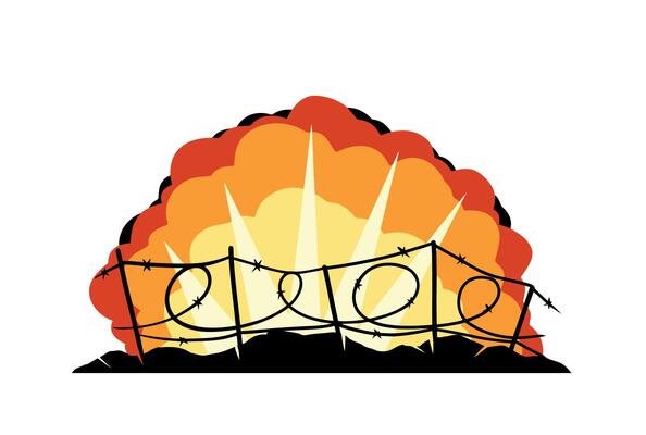 Barbed wire. Scenery of modern military conflict. Comic boom explosion. Big cartoon fireball. Fire bang and exploding. Silhouette of military barricades. Defensive fortifications.