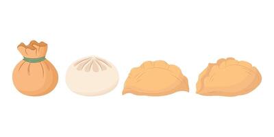 Set with Chinese dumplings dim sum, wonton and jiaozi flat vector isolated in white background.