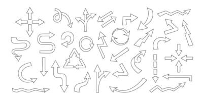 Hand drawn outline arrows. Set simple arrows isolated on white background. Arrow mark icons. vector