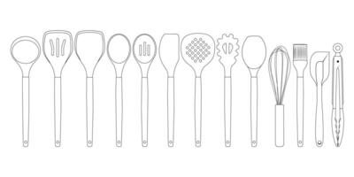 Set of outline kitchen tools doodles. Hand drawn silhouettes of kitchenware vector