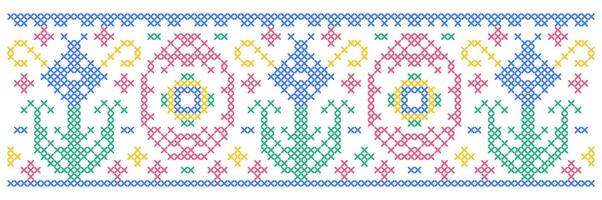 Easter pattern with flowers and Easter eggs in cross stitch style on white background. vector