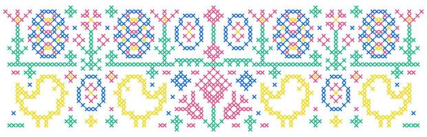 Easter pattern with chicken and Easter eggs in cross stitch style on white background. vector