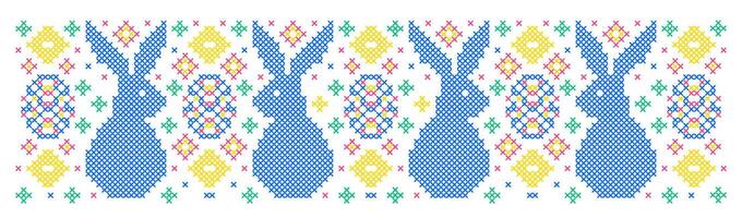Easter pattern with bunnies and Easter eggs in cross stitch style on white background. vector