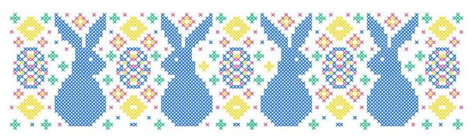 Easter pattern with bunnies and Easter eggs in cross stitch style on white background. vector