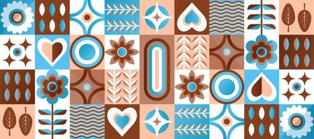 Geometric flat composition of plants, natural abstract decorative art, web banner and poster with ornamental tile pattern. Vector illustration.