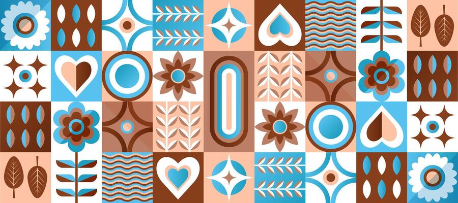 Geometric flat composition of plants, natural abstract decorative art, web banner and poster with ornamental tile pattern. Vector illustration.
