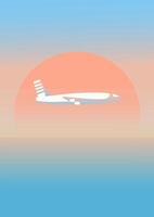 Plane flies in morning sunrise time gradient illustration. An airplane in the sky with setting sun vector