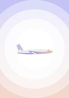 Plane flies in morning time gradient illustration. An airplane on purple background of the sky with setting sun. vector