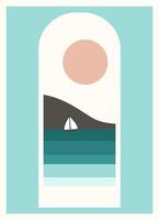 Minimalist sea landscape and ship view. Cute sailing ship near seaside illustration. vector