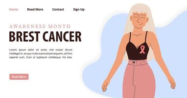 joven mujer con pecho cáncer bandera. en pie cifra, pecho cáncer conciencia mes concepto aterrizaje página. vector