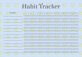 Habit tracker stationery design in blue-yellow colors. Monthly planner blank template with mystic eyes and moon vector