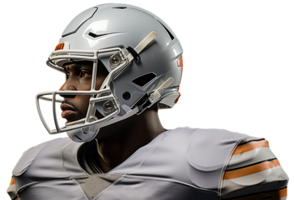 AI generated American football player in a white uniform in profile. He turned his head to the right. Head and shoulders in the frame. Isolated on transparent background png