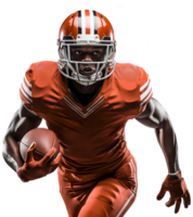 ai generiert ein schwarz amerikanisch Fußball Spieler im ein Orange Helm und Uniform läuft mit ein Ball im seine richtig Hand. isoliert auf ein transparent Hintergrund png