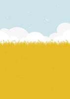 Vector country rural landscape scene with wheat field. Skyline with clouds cartoon style illustration.