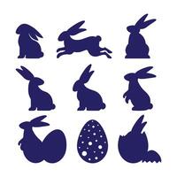 Easter rabbits with eggs silhouette. Running, looking up and standing bunny. Set of Easter bunny vector