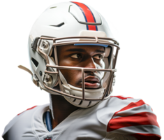 AI generated A black American football player in a white helmet with a red stripe and a white uniform looks away png