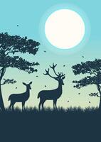 Silhouette of deer standing in spring dusk meadow. Magical misty landscape, full moon vector