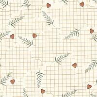 Grid line wall with small hearts and branches pattern. Spring ivy plants vector illustration