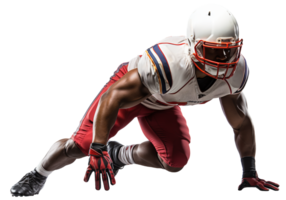 AI generated An American football player in a red and white uniform and a helmet at the start before the race. Isolated transparent background png