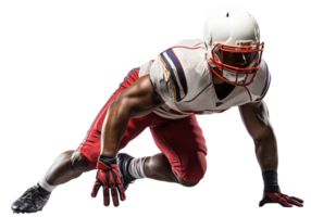 AI generated An American football player in a red and white uniform and a helmet at the start before the race. Isolated transparent background png