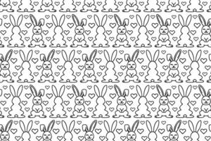 Line art bunnies seamless pattern. Repeating pattern with outline cute rabbits and hearts. vector