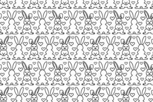 Line art bunnies seamless pattern. Repeating pattern with outline cute rabbits and hearts. vector