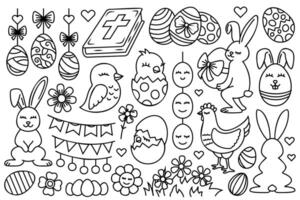 Line art Easter illustrations. Linear Easter drawings as bunnies, decorated eggs, chickens, flowers. Festive outline illustrations collection with black thin line isolated on white background. vector