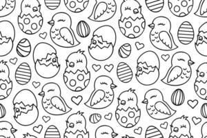 Line art newborn chickens seamless patterns. Chickens from cracked eggs repeating pattern. vector