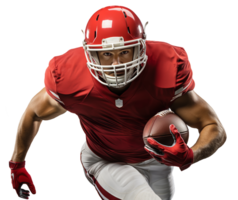 AI generated An American football player runs with a ball in a red and white uniform. Isolated on a transparent background png