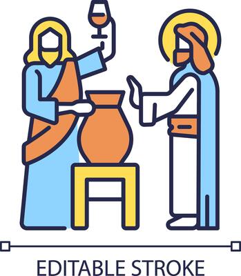 First miracle RGB color icon. Jesus Christ turns water into wine. Wedding at Cana. New testament. Biblical scene. Isolated vector illustration. Simple filled line drawing. Editable stroke