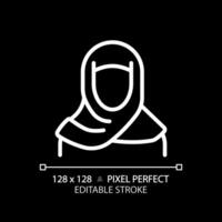 Abaya muslim woman white linear icon for dark theme. Islamic hijab female. Headscarf cover. Historical religious style. Thin line illustration. Isolated symbol for night mode. Editable stroke vector