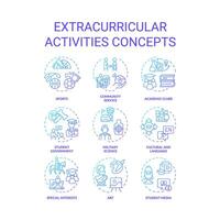 Collection of 2D gradient thin line icons representing extracurricular activities, creative isolated vector, linear illustration. vector