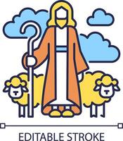 Shepherd RGB color icon. Man with flock of sheep. Good shepherd. Jesus Christ human representation. Biblical scene. Isolated vector illustration. Simple filled line drawing. Editable stroke