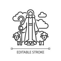 Shepherd linear icon. Man with flock of sheep. Good shepherd. Jesus Christ human representation. Biblical scene. Thin line illustration. Contour symbol. Vector outline drawing. Editable stroke