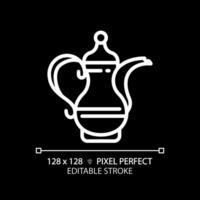 Arabic coffee pot white linear icon for dark theme. Antique handmade traditional pot. Unique prestigious culture. Thin line illustration. Isolated symbol for night mode. Editable stroke vector
