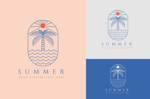 Summer logo design in trendy linear style with palm tree and shining sun vintage design vector