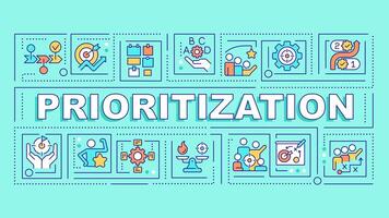 Prioritization turquoise word concept. Time management. Focus control. Typography banner. Flat design. Vector illustration with title text, editable line icons. Ready to use