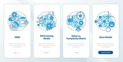 Prioritization frameworks blue onboarding mobile app screen. Walkthrough 4 steps editable graphic instructions with linear concepts. UI, UX, GUI template vector