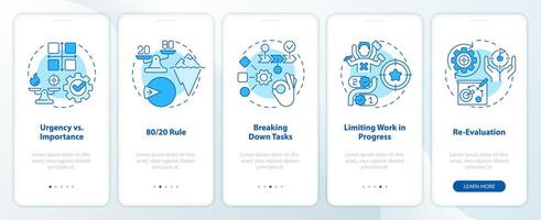 Prioritization principles blue onboarding mobile app screen. Walkthrough 5 steps editable graphic instructions with linear concepts. UI, UX, GUI template vector