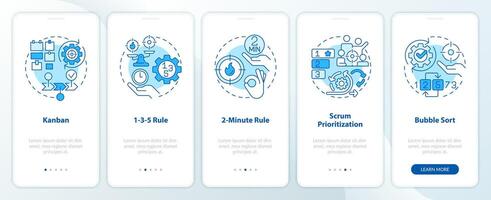 Prioritization tools blue onboarding mobile app screen. Walkthrough 5 steps editable graphic instructions with linear concepts. UI, UX, GUI template vector