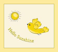 Cute yellow bird and sun. Card with a text Hello sunshine. Illustration on yellow background for a t-shirt, wishing card. Apparel design with bird, sun, and text vector