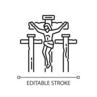 Crucifixion of Jesus linear icon. Jesus Christ dying on cross. Good friday. Symbol of faith. Christian religion. Thin line illustration. Contour symbol. Vector outline drawing. Editable stroke