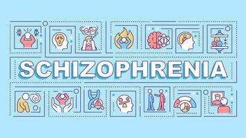 Schizophrenia turquoise word concept. Genetic disorder, brain illness. Typography banner. Flat design. Vector illustration with title text, editable line icons. Ready to use