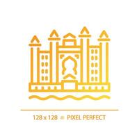 Dubai resort complex gradient linear vector icon. Luxury tourism. Magnificent royal landmark. Uae hotel seaside. Thin line color symbol. Modern style pictogram. Vector isolated outline drawing