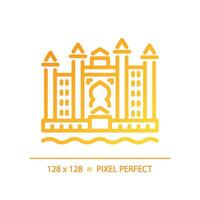 Dubai resort complex gradient linear vector icon. Luxury tourism. Magnificent royal landmark. Uae hotel seaside. Thin line color symbol. Modern style pictogram. Vector isolated outline drawing