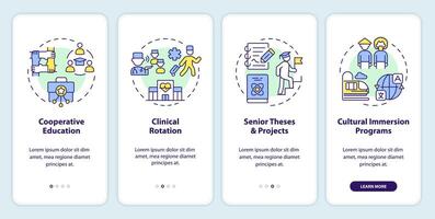 Experiential education types onboarding mobile app screen. Activities walkthrough 4 steps editable graphic instructions with linear concepts. UI, UX, GUI template vector